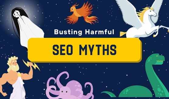 Illustration of mythical creatures, including a Pegasus, Medusa, and Zeus, surrounding the text "Busting Harmful SEO Myths," symbolizing debunking common SEO misconceptions.